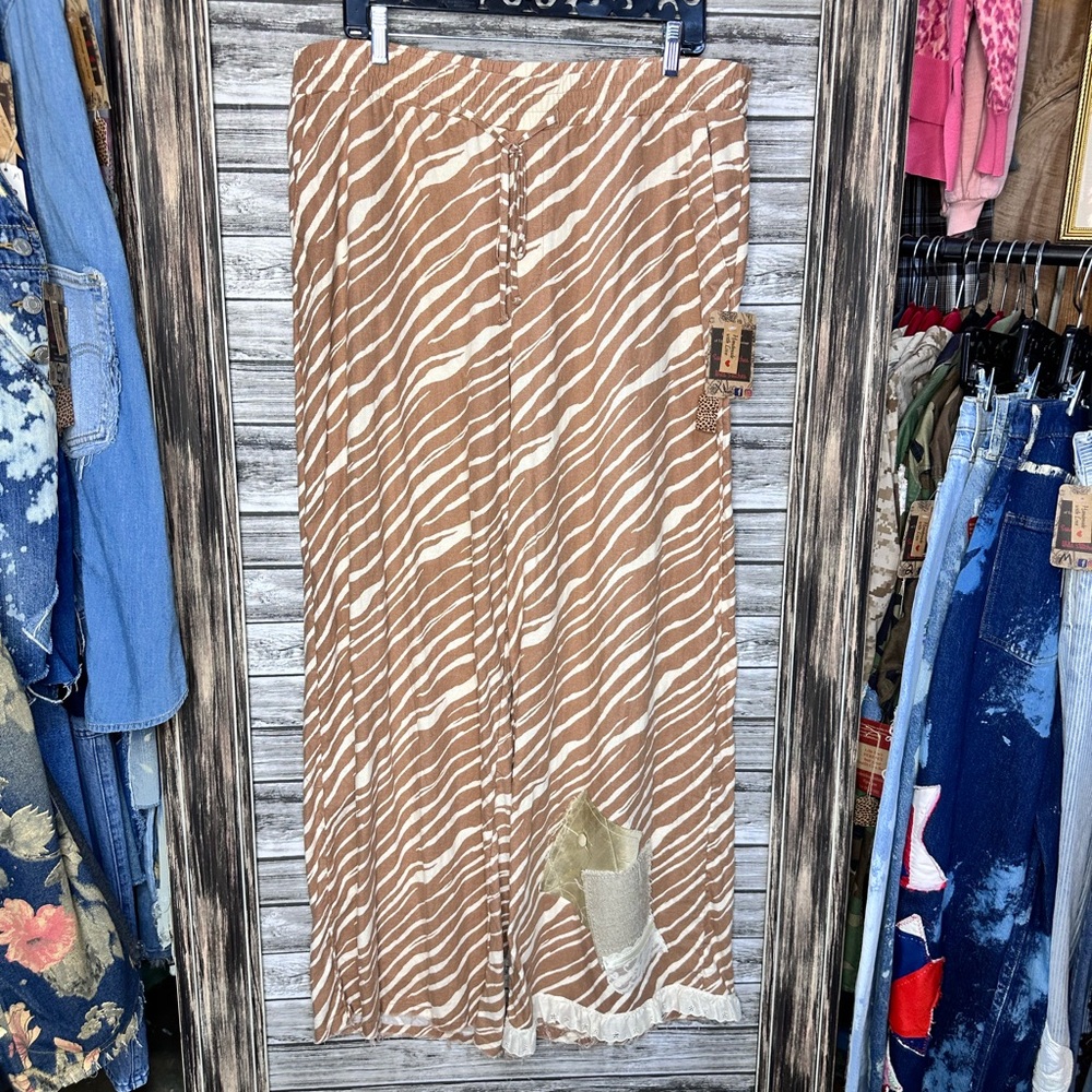 Artisan UpCycled Brown Cream Animal Print Palazzo wide Leg Pants Lace Linen Like